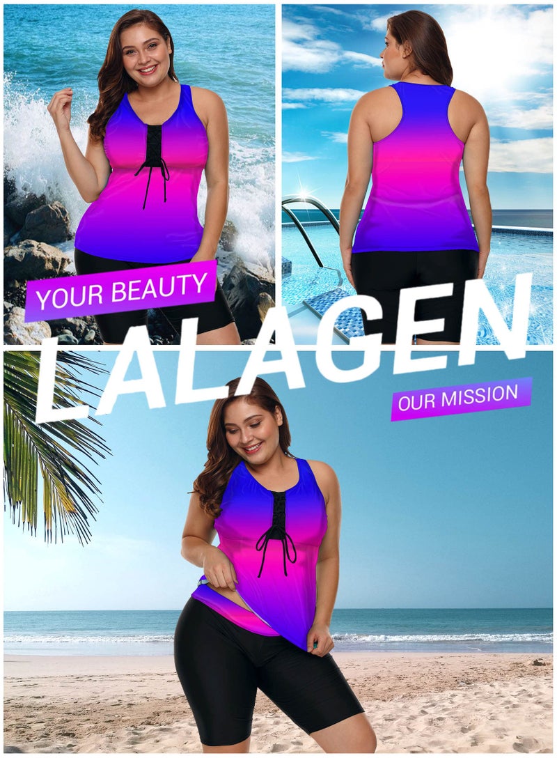 LALAGEN Womens 2026 Plus Size Tankini Swimsuits Rash Guard Capris Athletic Two Piece Swimwear Bathing Suits Blue Purple XXXL - Image 4